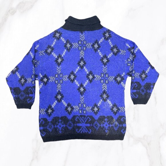 Vintage Benetton Italy Blue Nordic Mohair Blend Mockneck Sweater, Size L - Picture 2 of 9